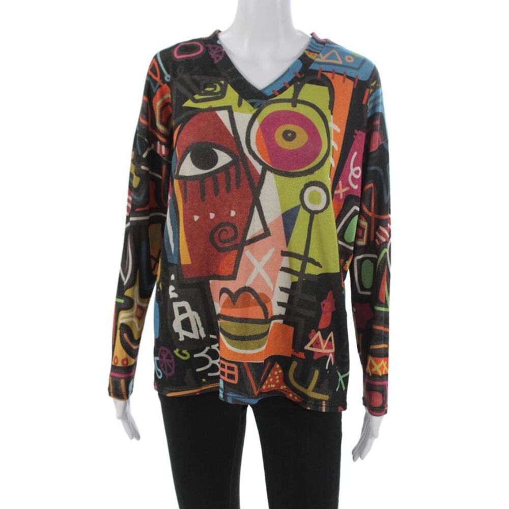 Flora Ashley Womens V-Neck Long Sleeve Geometric Tee Multicolor Size S